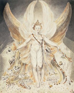 An ethereal, radiant figure with golden curls, a crown of light, and large, sweeping wings stands in a triumphant pose. The figure, resembling a divine or angelic being, is surrounded by swirling, luminous drapery and celestial symbols. Smaller winged figures and stars encircle its feet. The artwork is rendered in soft watercolor tones of gold, cream, and gray, with delicate linework and mystical symbolism. This is William Blake’s "Satan in His Original Glory."